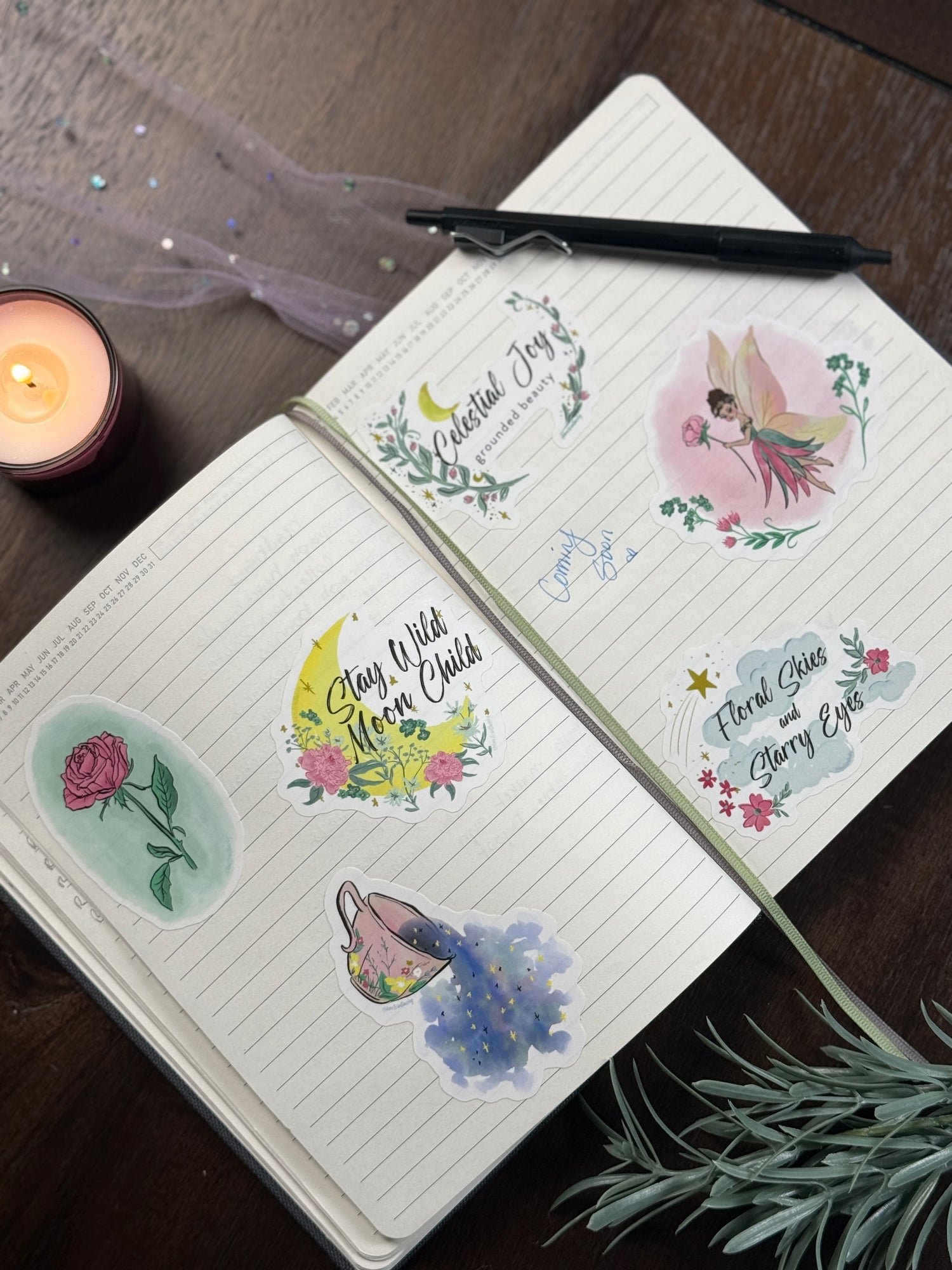 Sheet of illustrated Knots in the Sky stickers with cozy, minimalist designs.